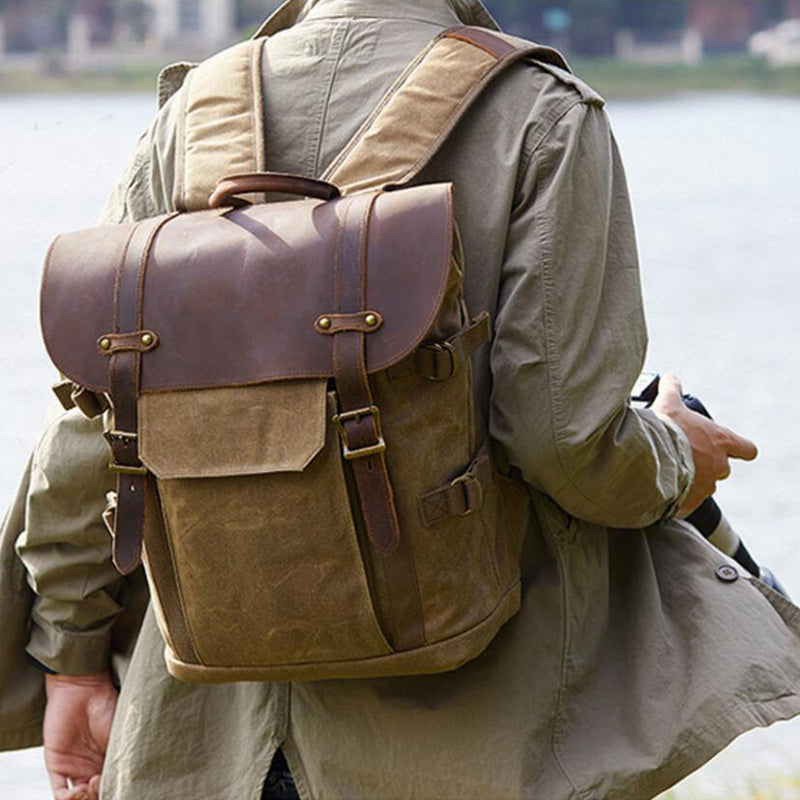 Waterproof Canvas DSLR Camera Backpack Waxed Canvas Travel Backpack Laptop Backpack - echopurse