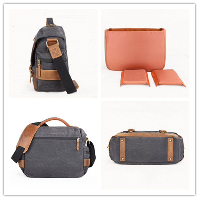 Leather With Canvas Camera Bag Waterproof DSLR Camera Bag Shoulder  Messenger Bag QSM3035